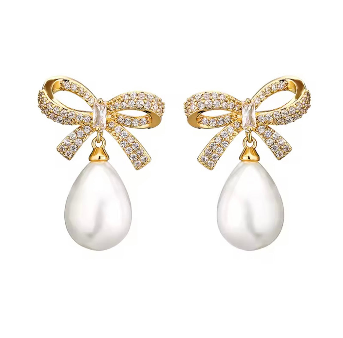 Gold Bow Pearl Drop Earrings