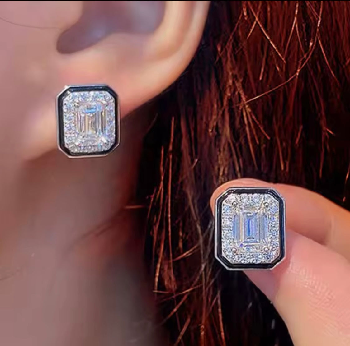 Art Deco Emerald-Cut Stud Earrings with Black Enamel Border