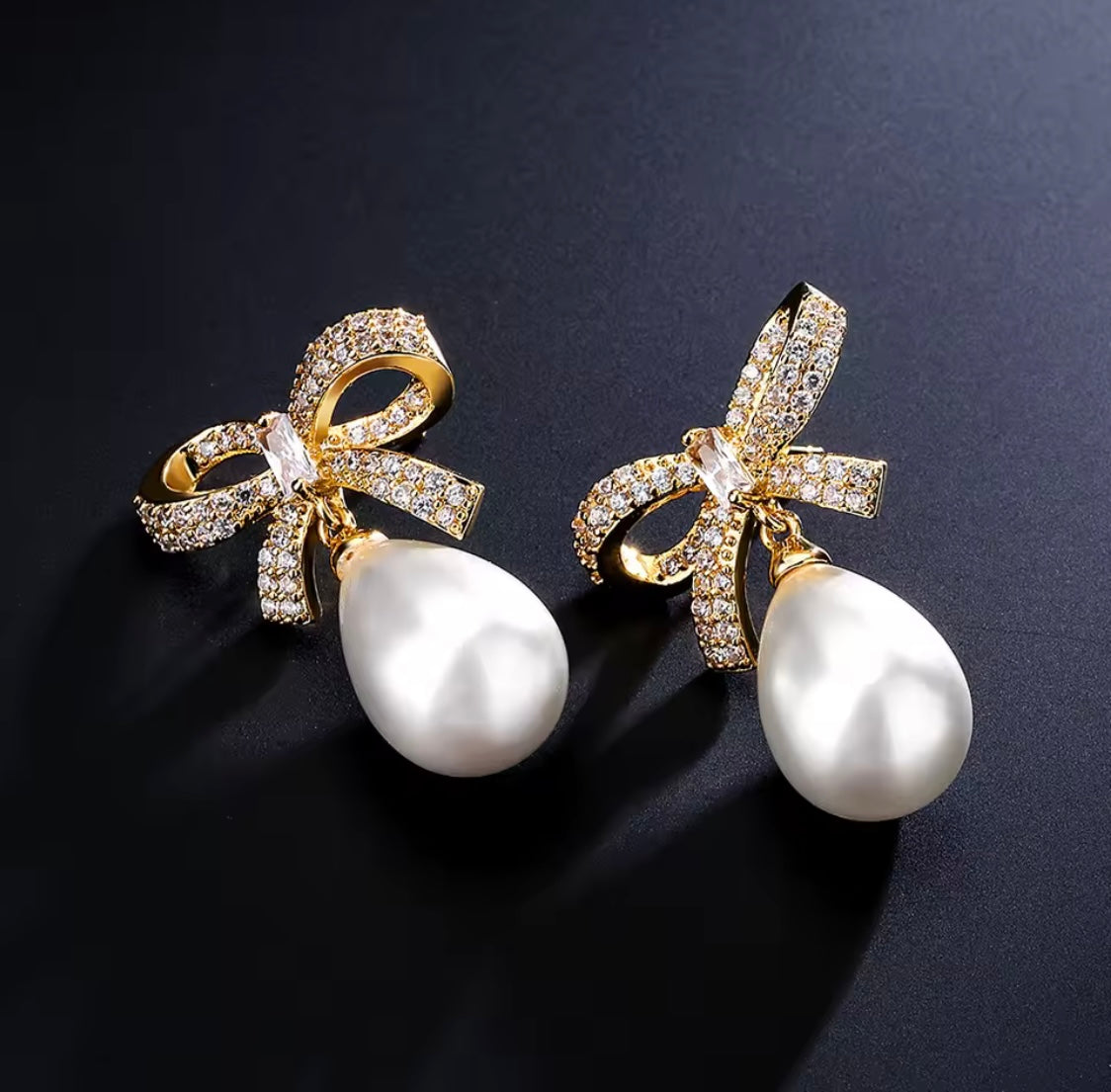 Gold Bow Pearl Drop Earrings
