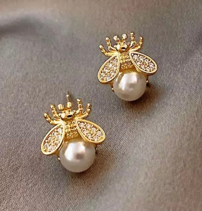 Gold Bee Faux Pearl Earrings