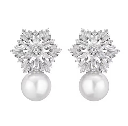 Silver Snowflake Pearl Earrings