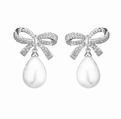 Silver Bow Pearl Earrings