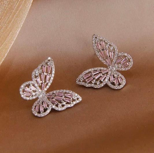 Silver Pink Butterfly Earrings