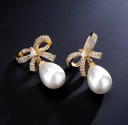 Gold Bow Pearl Earrings