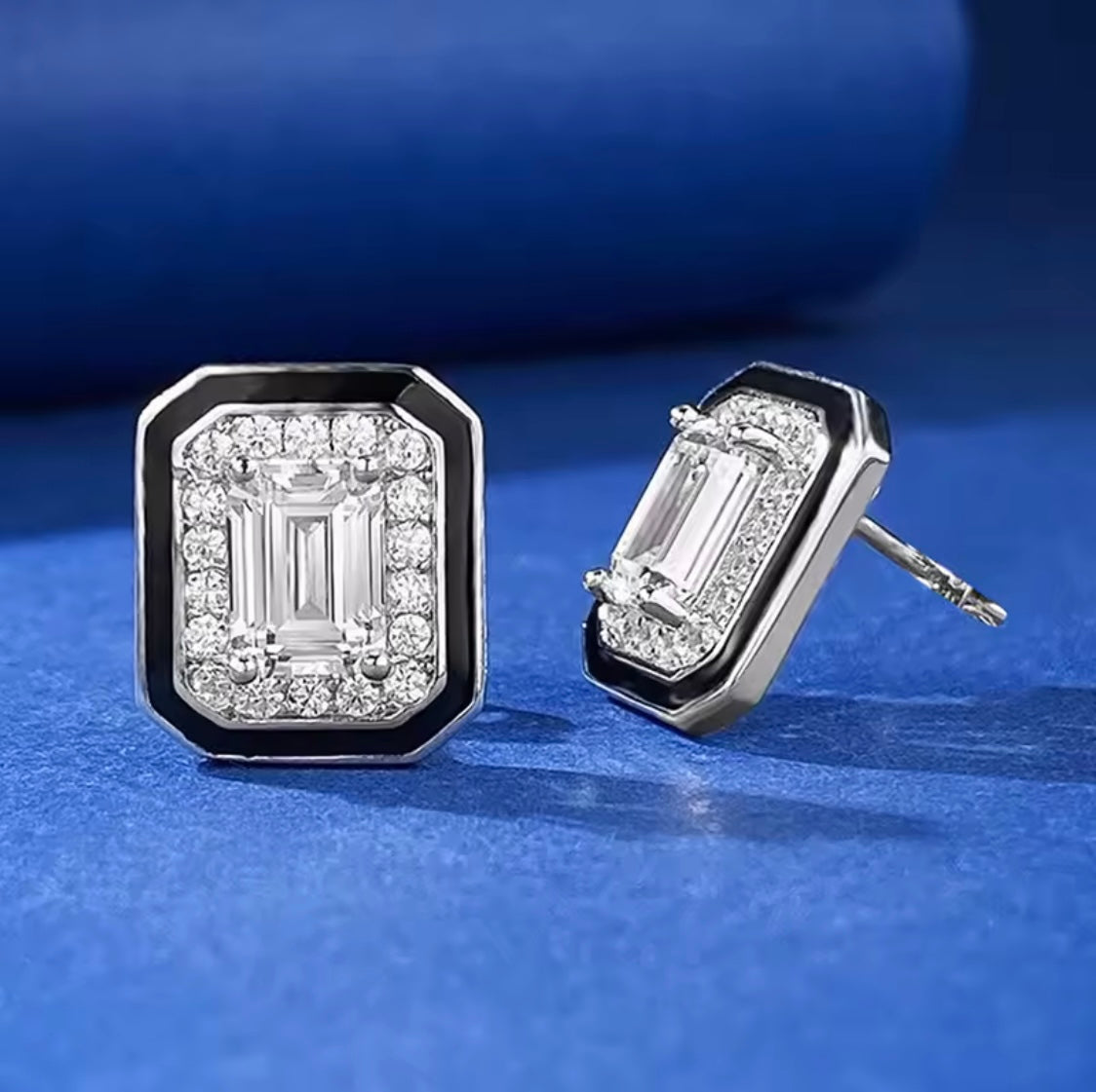 Art Deco Emerald-Cut Stud Earrings with Black Enamel Border