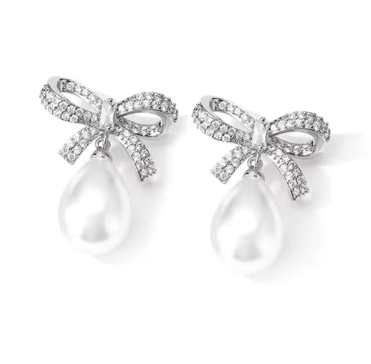 Silver Bow Pearl Earrings