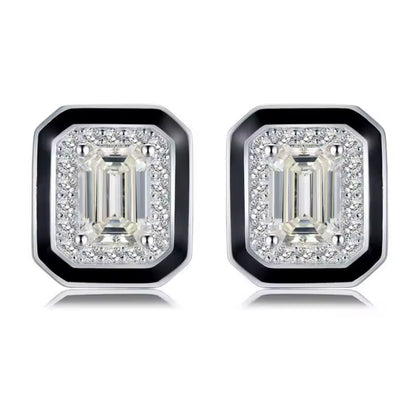 Art Deco Emerald-Cut Stud Earrings with Black Enamel Border