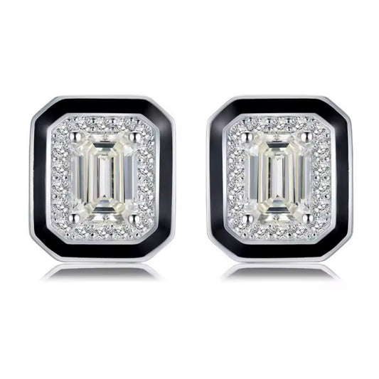 Art Deco Emerald-Cut Stud Earrings with Black Enamel Border