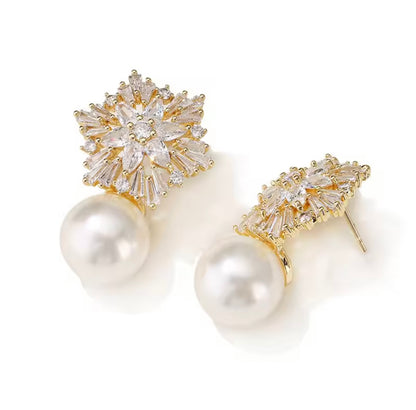 Gold Snowflake Pearl Earrings