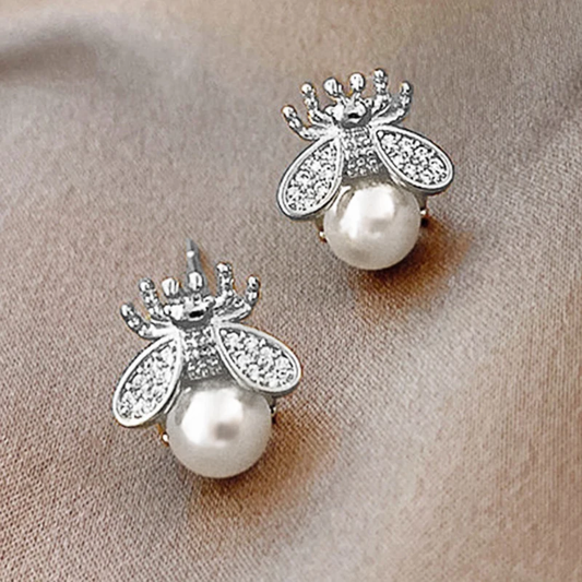 Silver Bee Faux Pearl Earrings