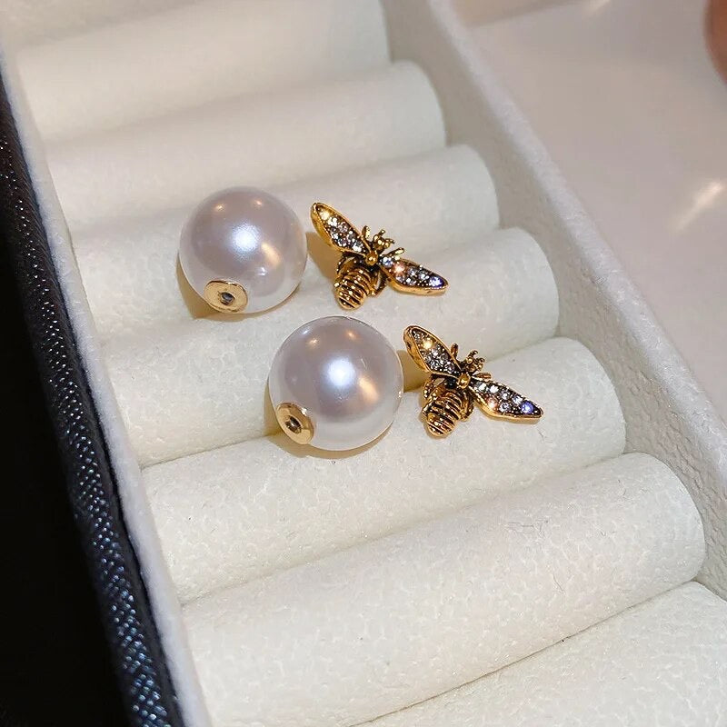 Back Front Pearl Bee Earrings