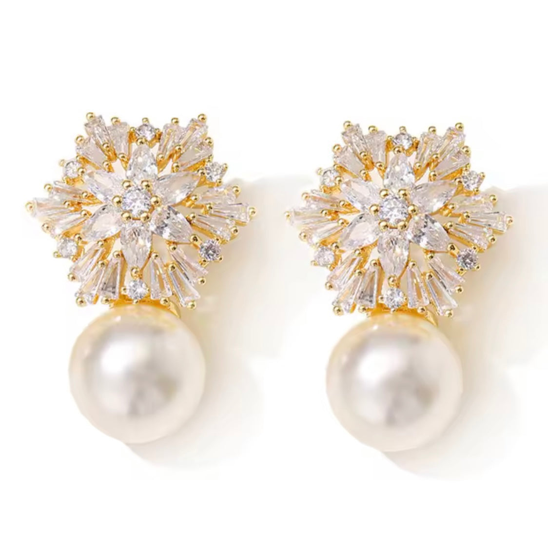 Gold Snowflake Pearl Earrings